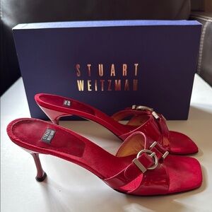 Stuart Weitzman Scarlet Red Heels with Buckle Detail